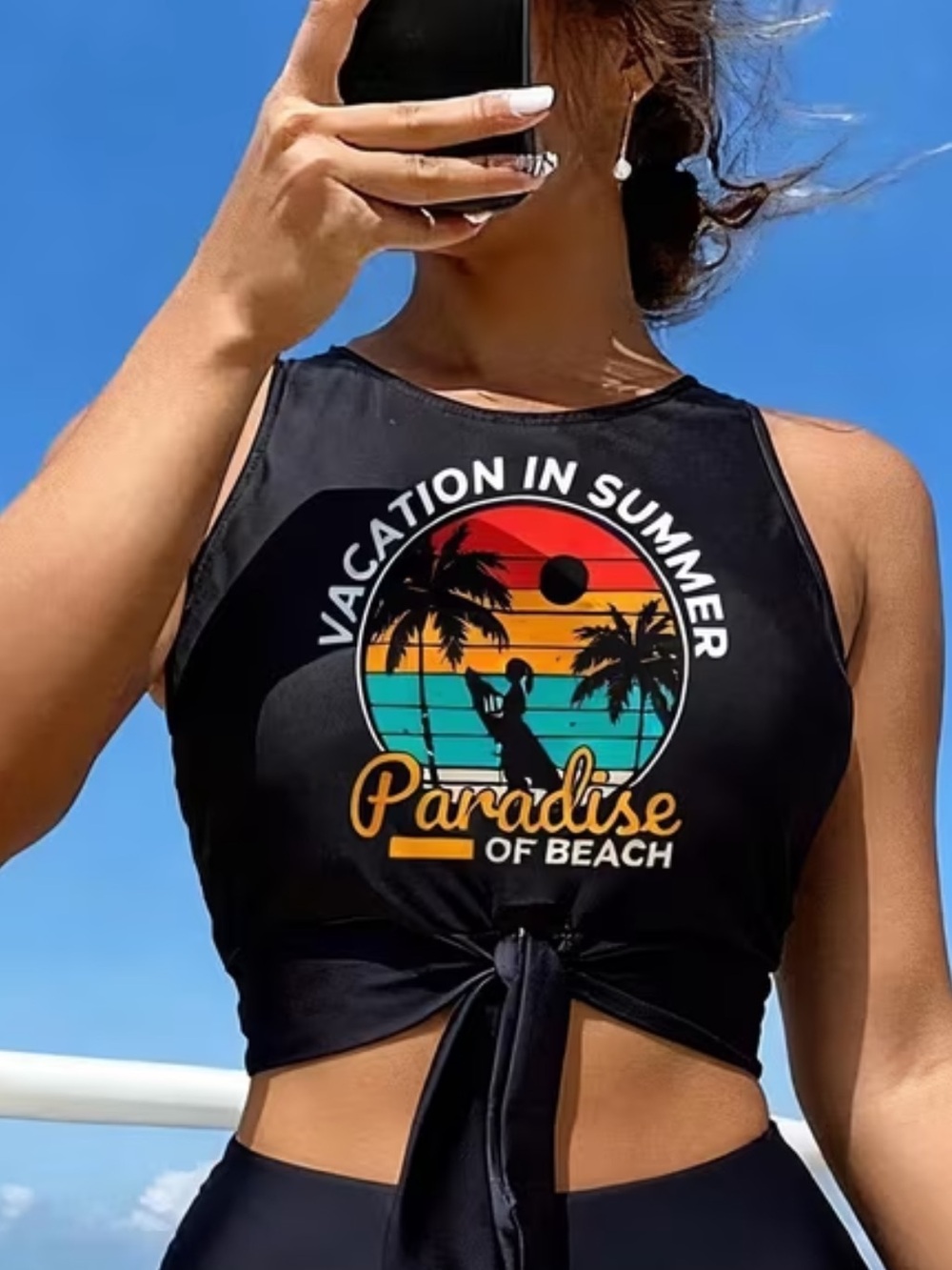 Black 'Paradise of Beach' Tie-Front swim Crop Tank Top